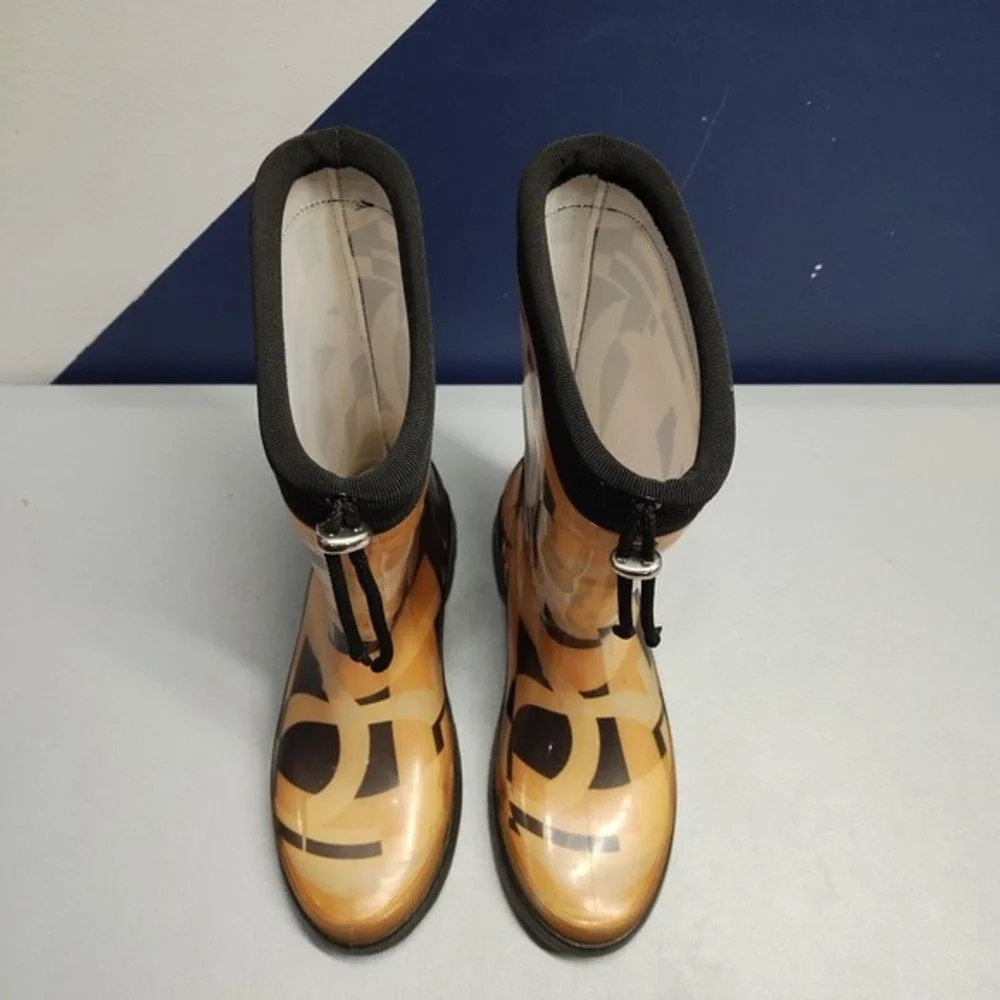 Salvatore Ferragamo Mid-Calf Rain Boots Womens‎ 7 Brown Logo Rubber Sole Pull On